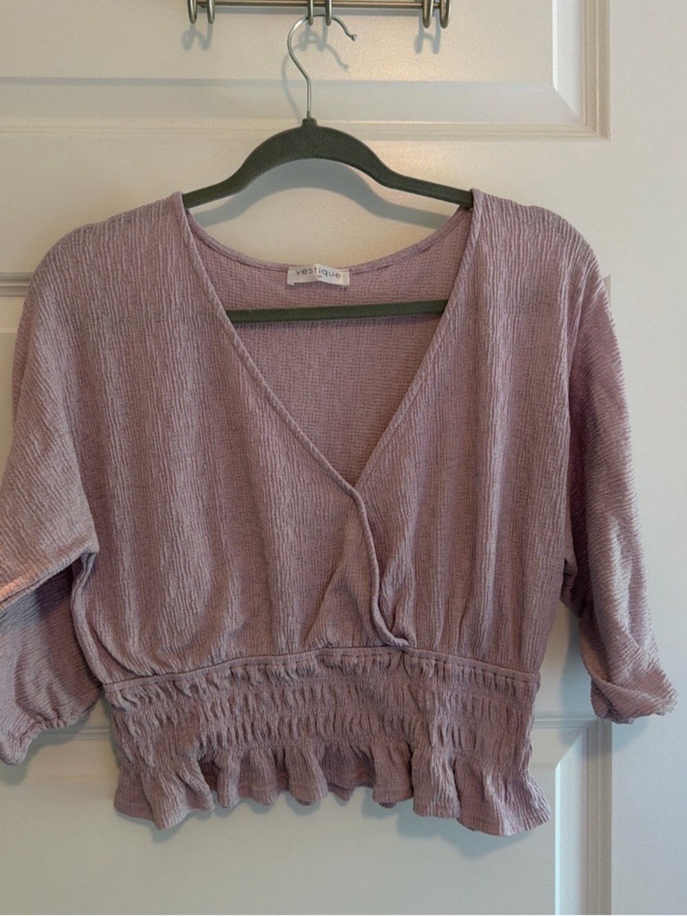 vestique Dusty Mauve Smocked Wrap-Front Crop Top